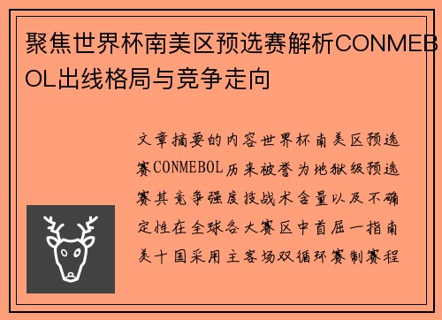聚焦世界杯南美区预选赛解析CONMEBOL出线格局与竞争走向